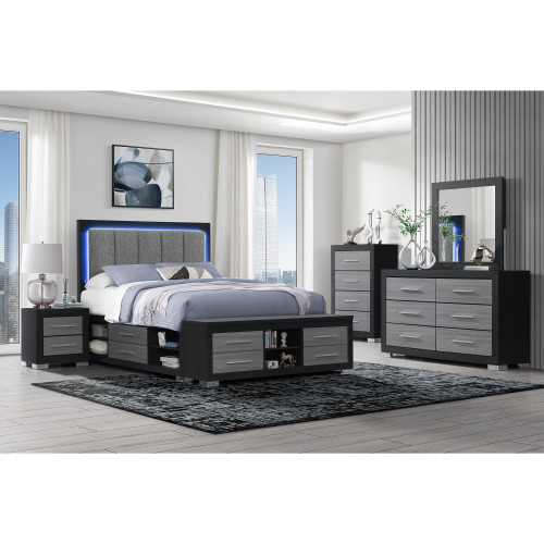 Black and Gray Wood And Upholstery Lighted Upholstered Queen Bed Frame With USB And Drawers With Drawer, Shelve Storage