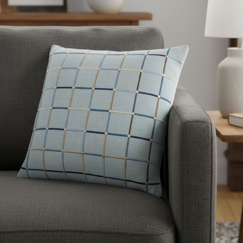 24" Light Blue And Ivory Check Cotton Blend Throw Pillow Cover