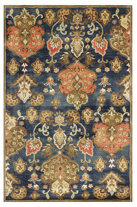 9' X 13' Navy Blue Orange And Brown Wool Medallion Hand Tufted Area Rug