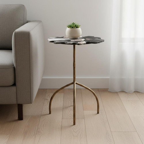 23" Distressed Black Brown White and Gold Terrazzo and Iron Free Form Pedestal End Table