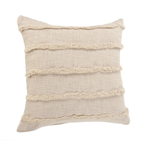 Set of Two 20" Beige Striped Cotton Throw Pillow Covers with Tufts