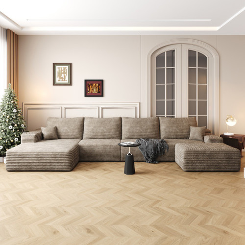 135" Camel Corduroy Modular Universal Sofa With Ottoman And Toss Pillows