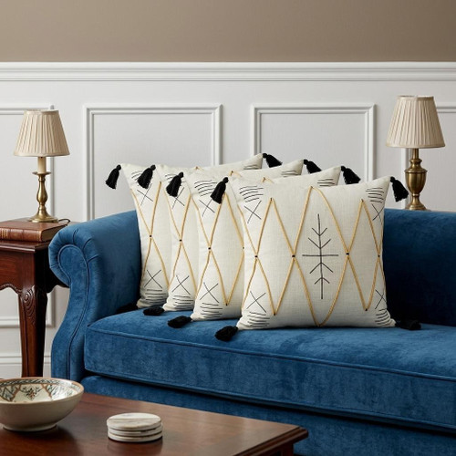 Set of Four 20" X 20" Off White Black And Cream Lumbar Geometric Cotton Throw Pillow Covers with Tassels