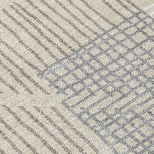 8' Beige And Gray Round Striped Washable Indoor Outdoor Area Rug