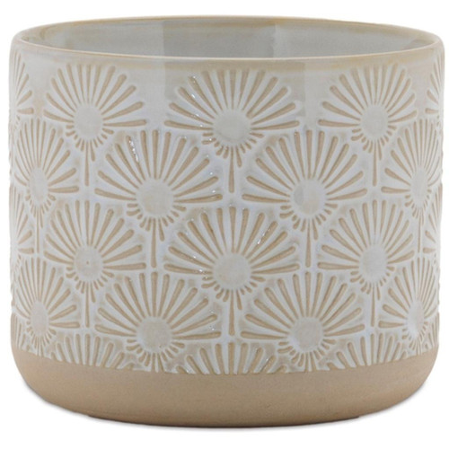 Set of Two Beige And White Porcelain 1 Ounce Geometric Round Pot Planters