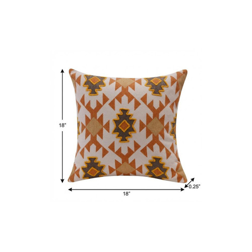 18" Orange And Off White Geometric Cotton Throw Pillow Cover