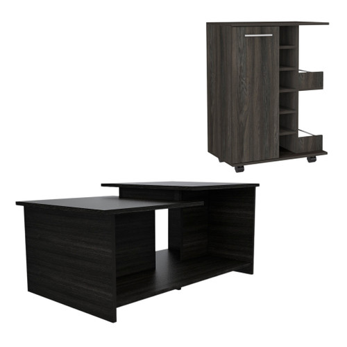 Set of Two Espresso and Black Wood Floor Shelf Furniture Set