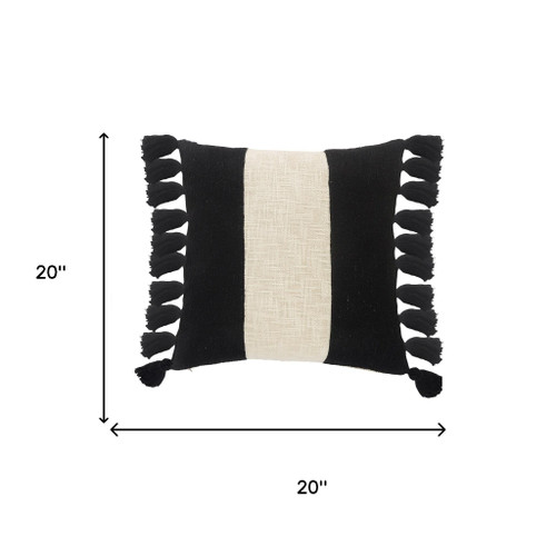 20" White And Black Striped Cotton Throw Pillow Cover with Tassels
