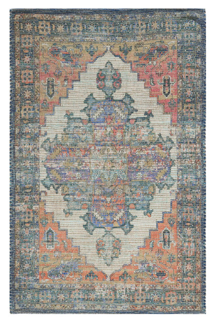 2' X 4' Blue Brick Red And Brown Jute Medallion Hand Woven Distressed Area Rug