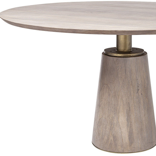 54" Brown And Gold Rounded Solid Wood And Metal Pedestal Base Dining Table