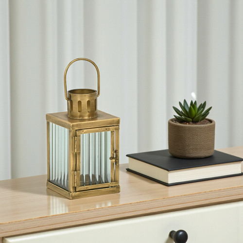 7" Gold Metal Tabletop Lantern Candle Holder