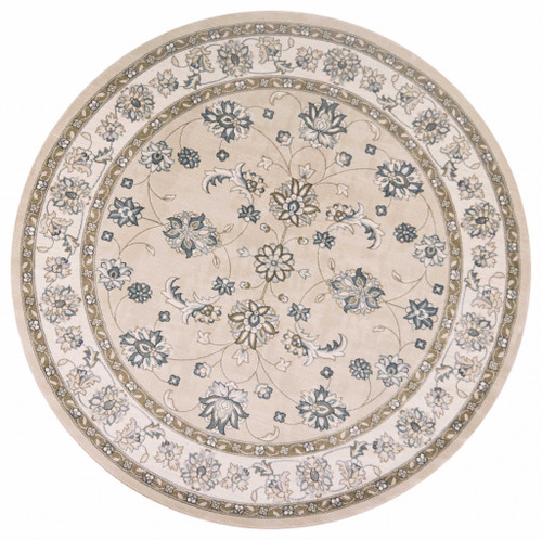8' Beige And Ivory Floral Medallion Round Rug