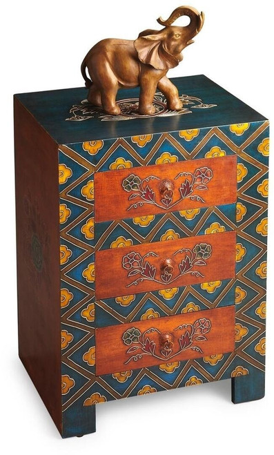 20" Blue and Brown Hand Painted Wood Accent Cabinet With Three Drawers