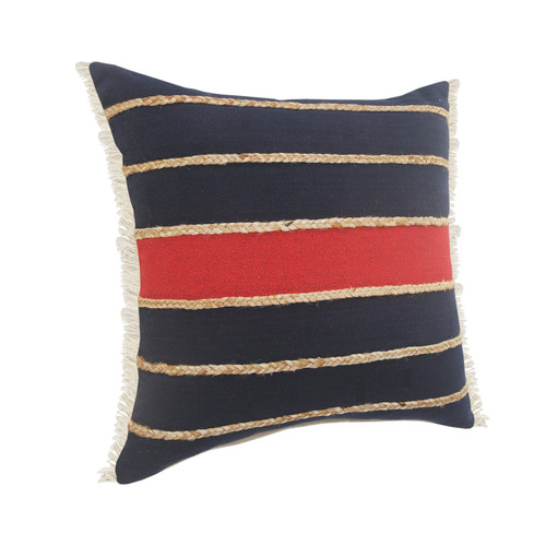 20" Tan And Navy Blue Striped Cotton Blend Throw Pillow Cover with Fringe