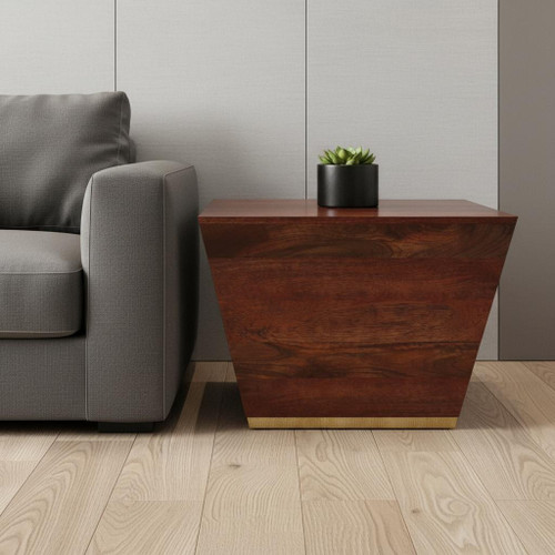 19" Natural Brown and Brass Solid Wood and Brass Square Block End Table