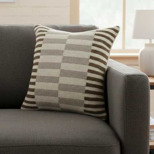 24" Beige Brown And Gray Striped Wool Blend Throw Pillow