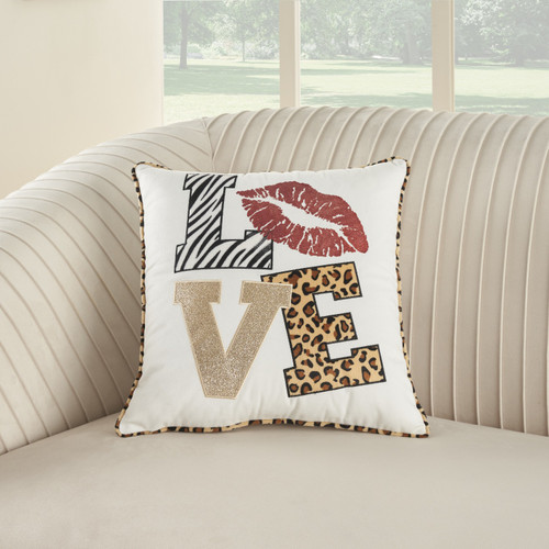 16" White And Brown Valentines Day Text Throw Pillow with Applique