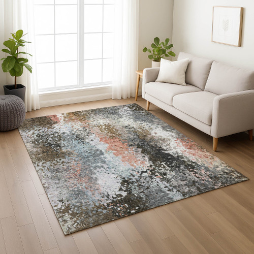 10' X 14' Granite Gray Ivory And Coral Abstract Washable Indoor Outdoor Area Rug
