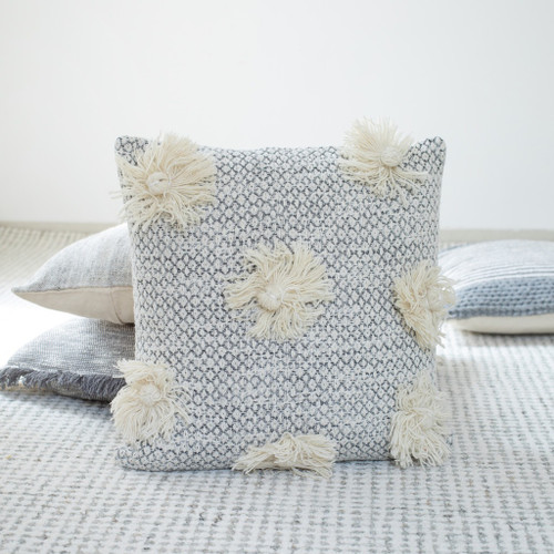 18" Beige And Gray Floral Cotton Throw Pillow Cover with Tassels