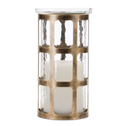10" Gold Lattice Iron And Glass Tabletop Pillar Candle Holder