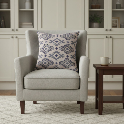 20" Blue And Gray Geometric Cotton Throw Pillow Cover