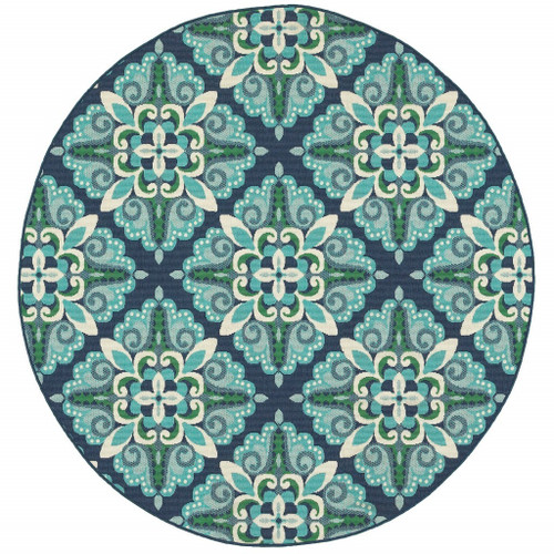 8' X 8' Blue And Green Round Indoor Outdoor Area Rug