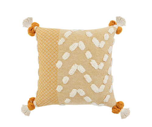 20" Yellow And White Geometric Cotton Throw Pillow Cover with Tassels Tufts And Texture