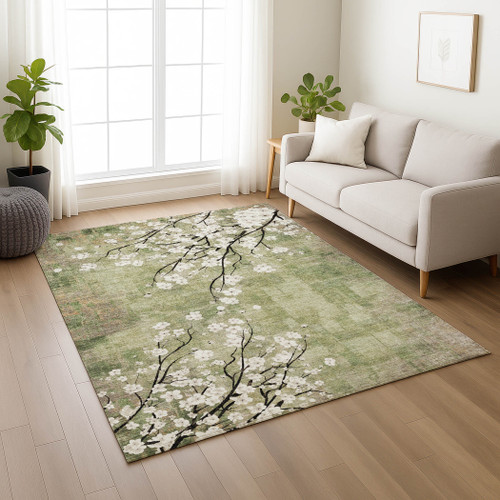5' X 8' Artichoke Green Ivory And Charcoal Floral Washable Indoor Outdoor Area Rug