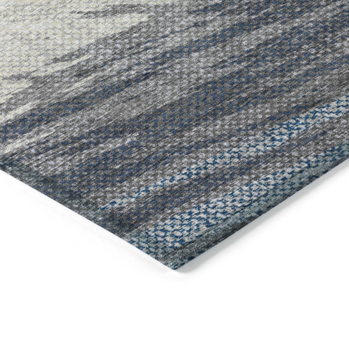9' X 12' Denim Blue Ivory And Gray Striped Washable Indoor Outdoor Area Rug
