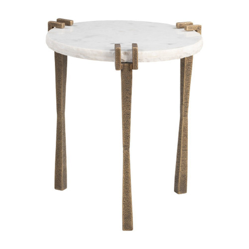22" Glossy White and Brass Distressed Marble and Iron Circular End Table
