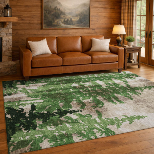3' X 5' Green And Emerald Floral Washable Indoor Outdoor Area Rug