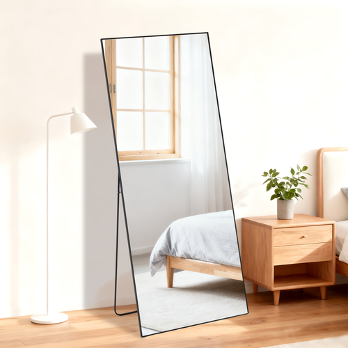 64" Black Aluminum Freestanding And Wall Mounted Framed Full Length Mirror