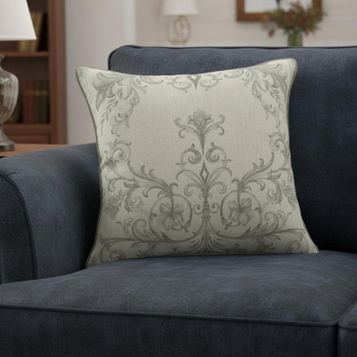 20" Sage And Ivory Damask Recycled Poly Linen Throw Pillow Cover