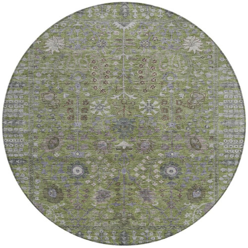 8' Artichoke Green And Gray Round Floral Washable Indoor Outdoor Area Rug