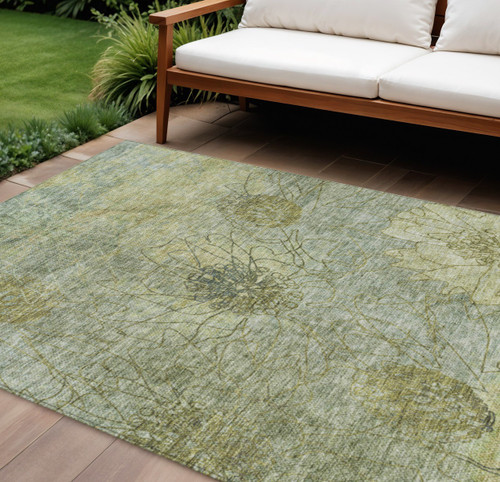 8' X 10' Artichoke Green And Beige Floral Washable Indoor Outdoor Area Rug