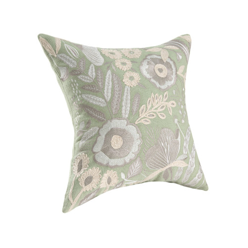 24" Green And Ivory Floral Cotton Throw Pillow