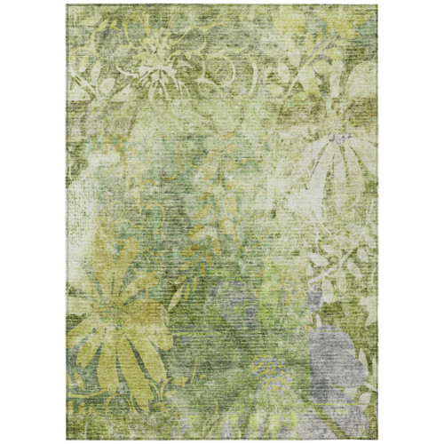 5' X 8' Artichoke Green And Ivory Floral Washable Indoor Outdoor Area Rug