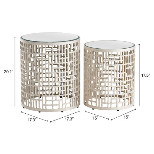 Set of Two Silver and Painted Mirrored Glass and Aluminum Round Drum End Tables