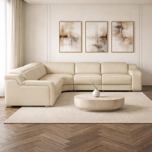 Beige Italian Leather Power Reclining L Shaped Five Piece Corner Sectional