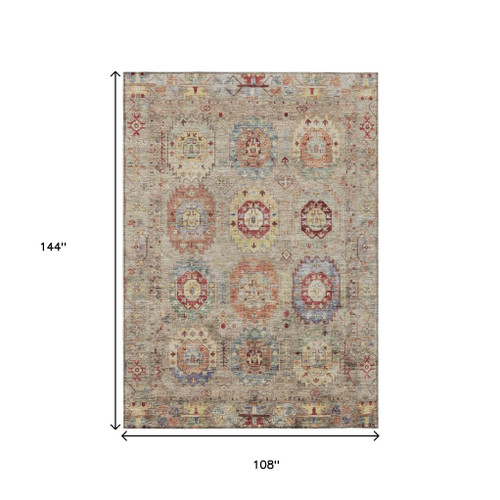 9' X 12' Beige Red And Blue Medallion Washable Indoor Outdoor Area Rug