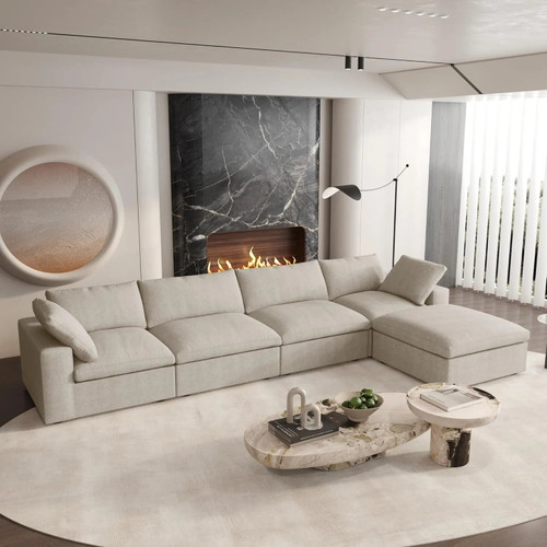 157" Khaki Linen Blend Modular Sofa With Ottoman And Toss Pillows