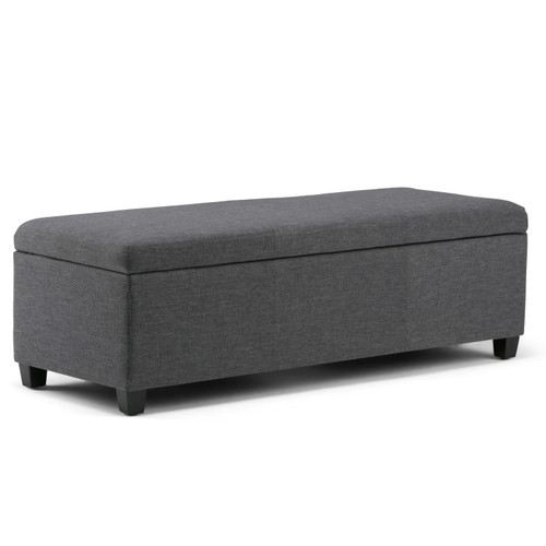48" Slate Gray and Dark Brown Faux Linen and Solid Wood Upholstered Storage Bench With Flip Top