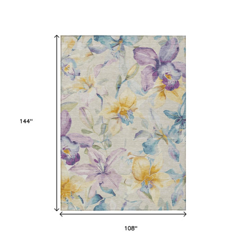 9' X 12' Beige Gold And Lavender Floral Washable Indoor Outdoor Area Rug
