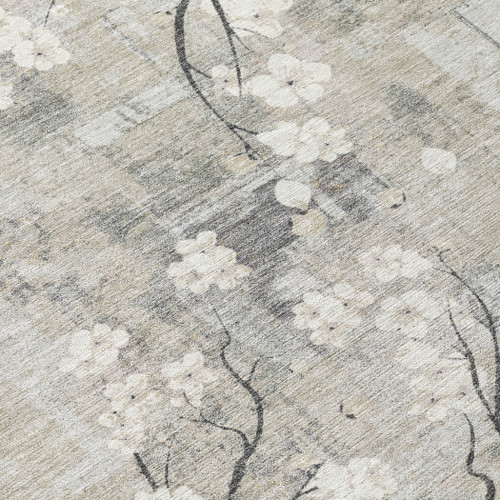 8' Beige Ivory And Gray Round Floral Washable Indoor Outdoor Area Rug