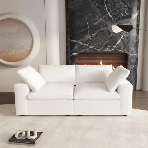 80" White Linen Blend Modular Loveseat and Toss Pillows