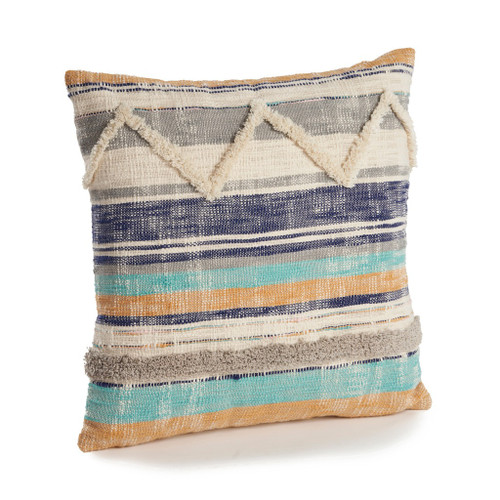 18" Blue And Tan Beach Striped Cotton Throw Pillow Cover with Tufts And Texture