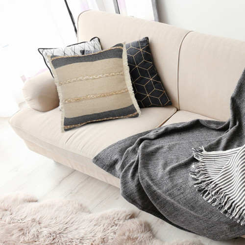 24" Beige And Black Beach Striped Cotton Blend Throw Pillow Cover with Fringe And Texture