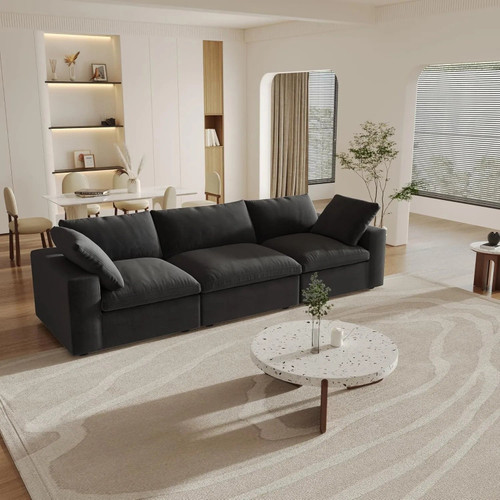 120" Black Linen Blend Modular Sofa With Toss Pillows