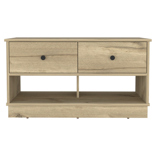 36" Oak Wood Storage Bench With Drawers And Shelves