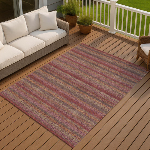 10' X 14' Burgundy And Red Striped Washable Indoor Outdoor Area Rug